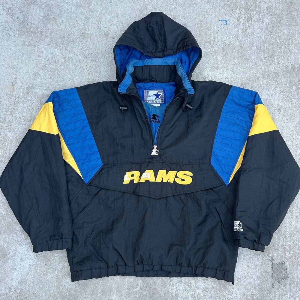 Starter LA Rams Jacket Large Black Blue Yellow Vintage 90s Puffer Anorak Zip